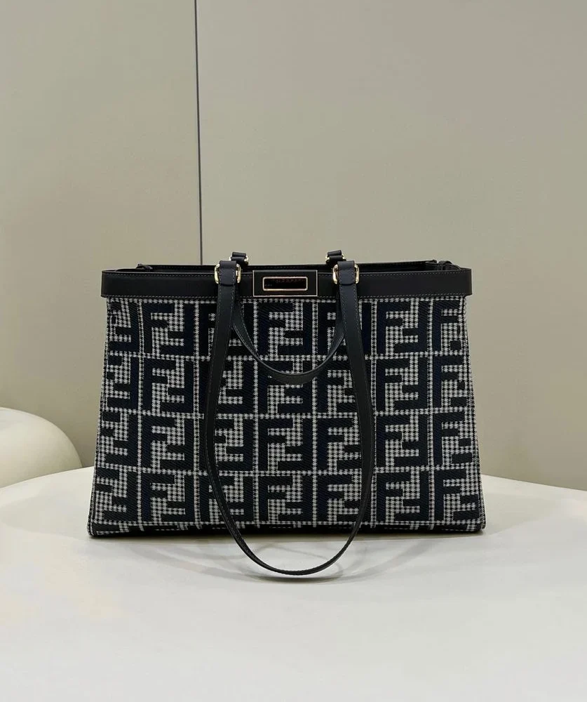 Fendi 8BH374 X-Tote Gray houndstooth wool shopper with FF embroidery