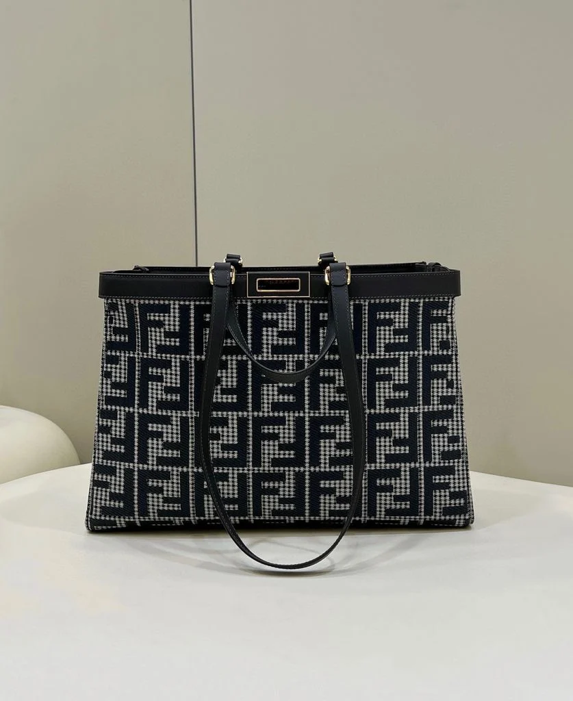Fendi 8BH374 X-Tote Gray houndstooth wool shopper with FF embroidery