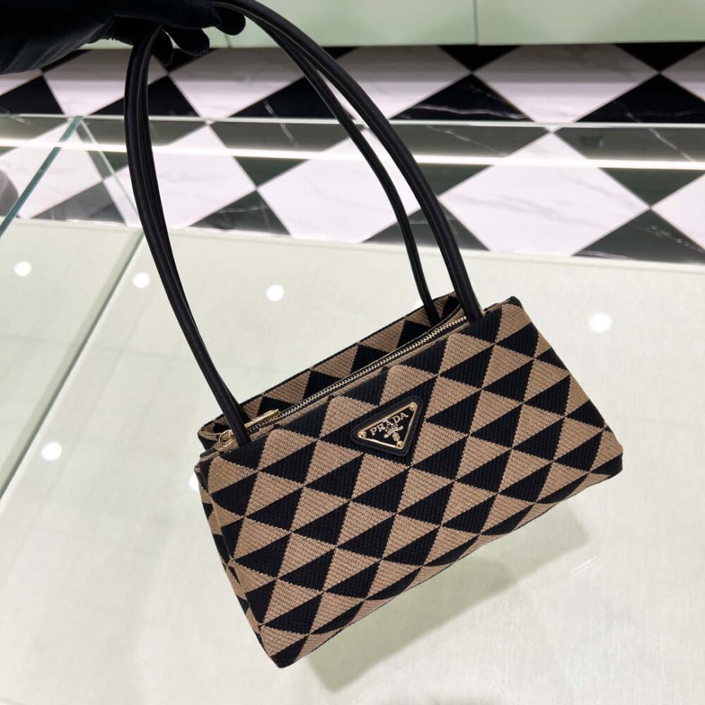 Prada 1BA368 From The Runway Small embroidered fabric Prada Symbole bag Black and Beige
