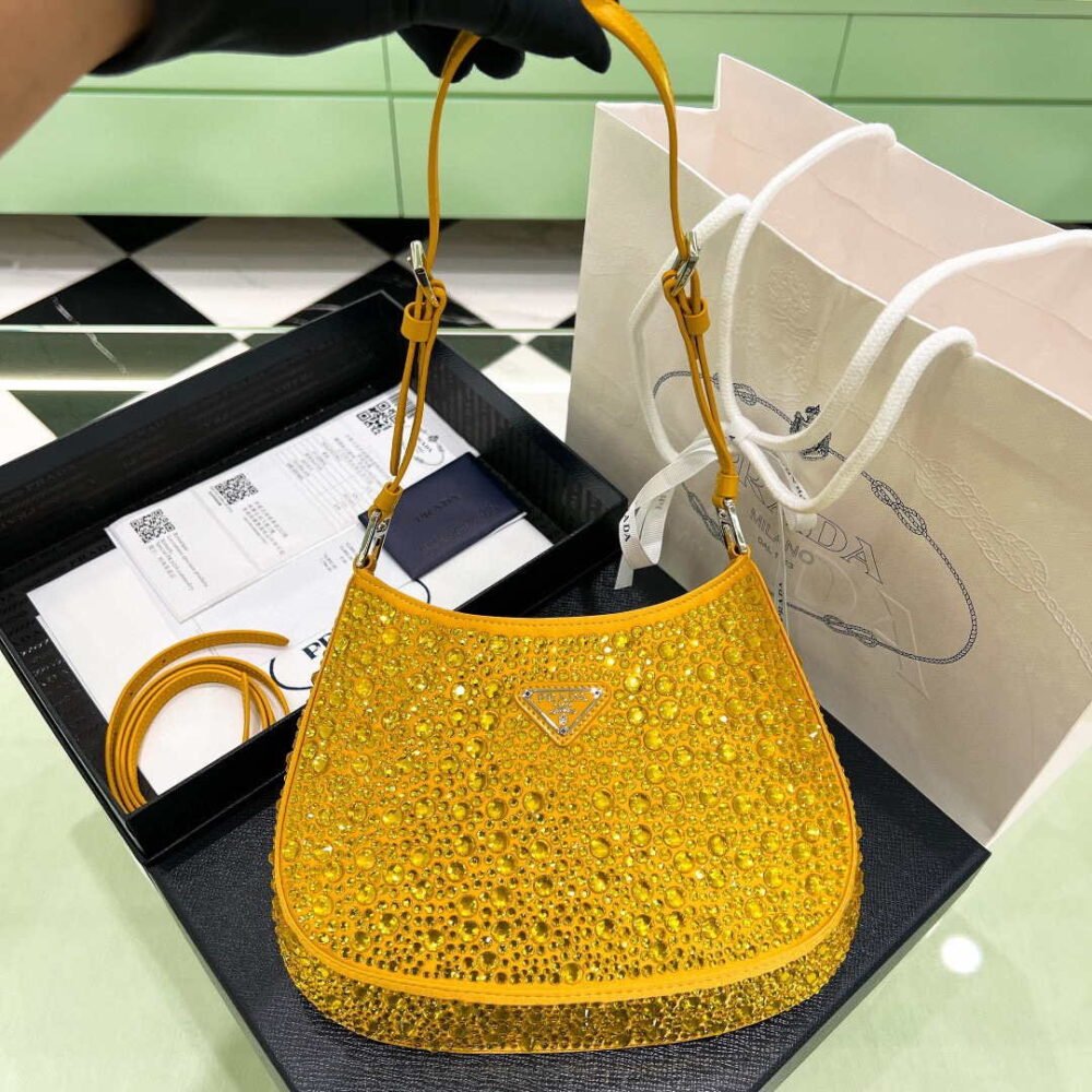 Prada 1BC169 Prada Cleo satin bag with appliqués Gold Yellow