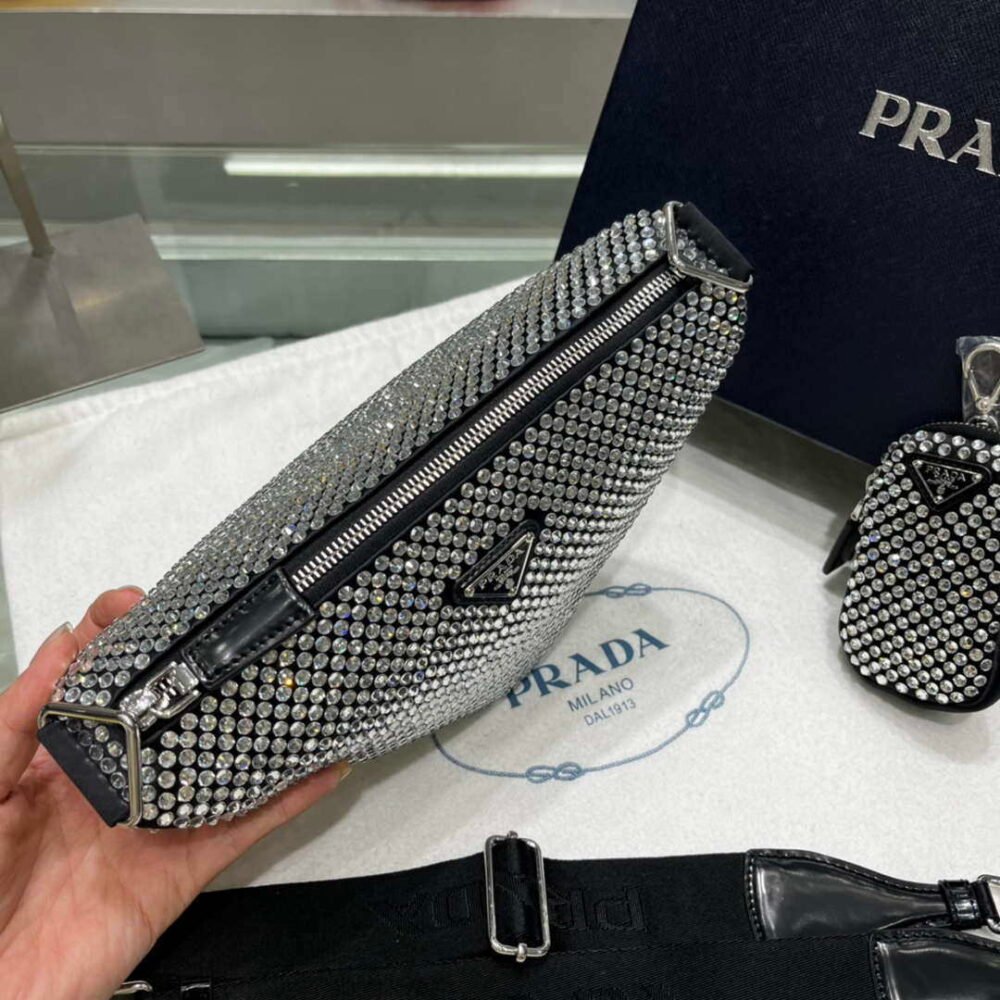 Prada 1NE190 Crystal-studded satin pouch Black