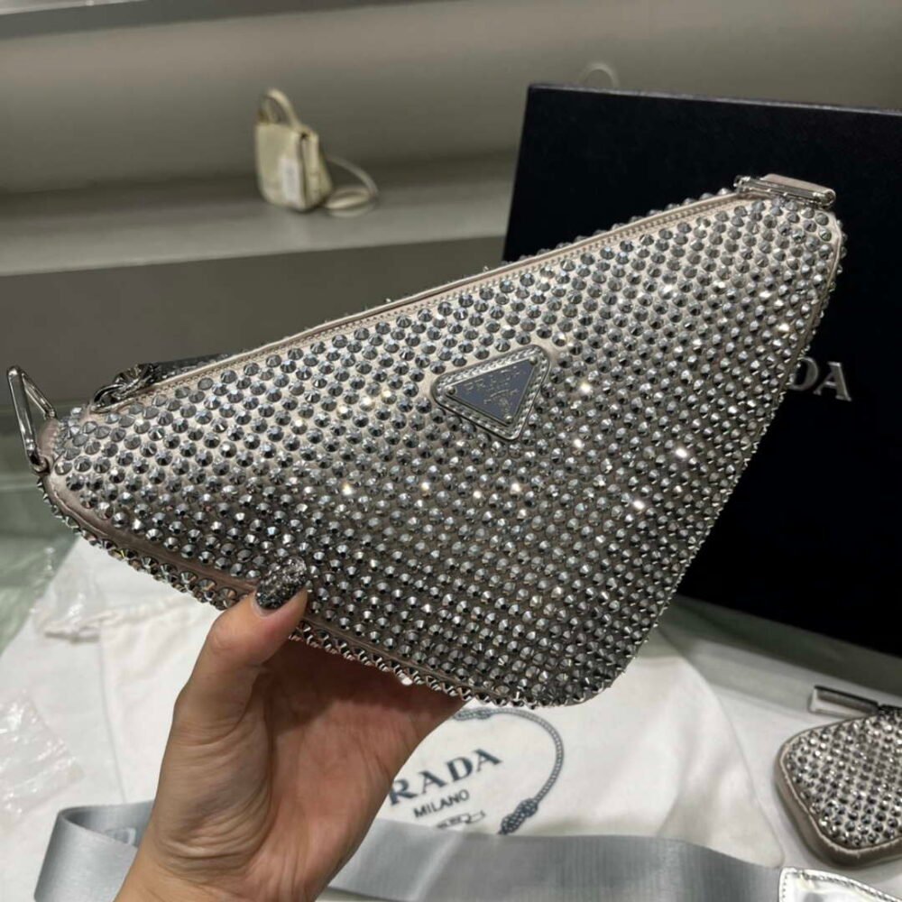 Prada 1NE190 Crystal-studded satin pouch Gray