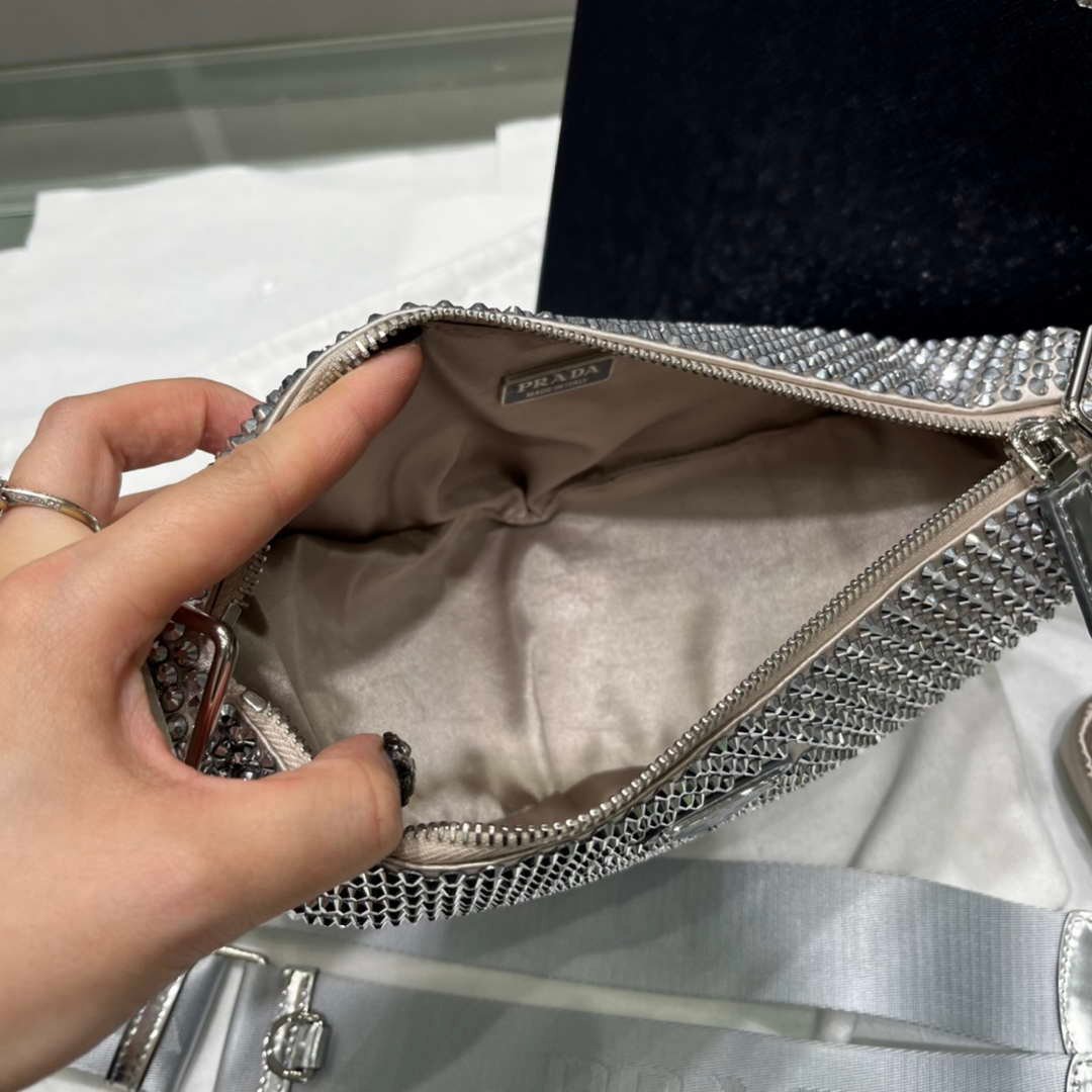 Prada 1NE190 Crystal-studded satin pouch Gray