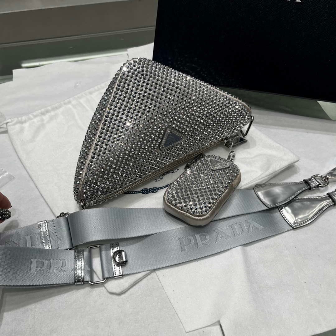 Prada 1NE190 Crystal-studded satin pouch Gray