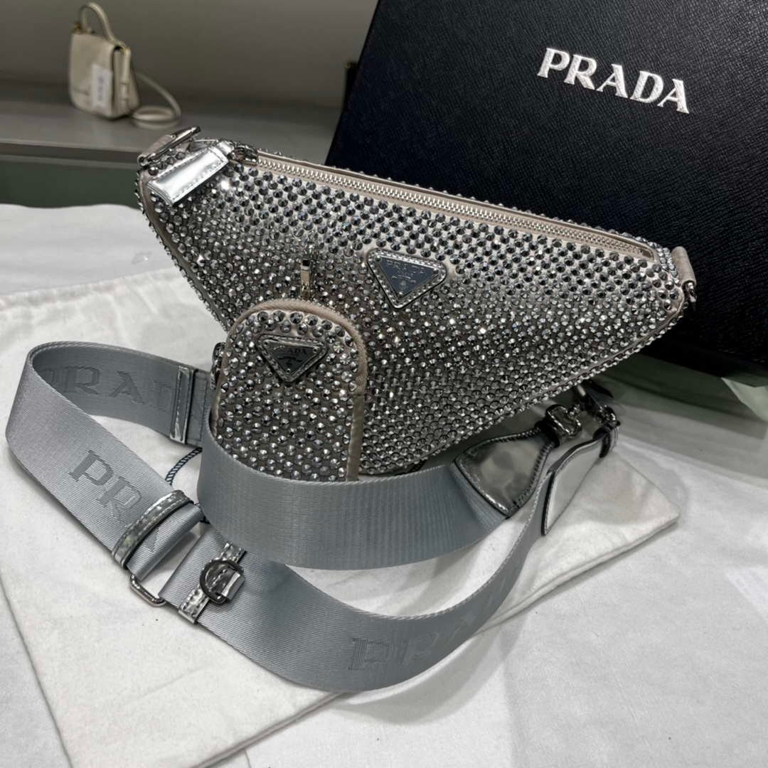 Prada 1NE190 Crystal-studded satin pouch Gray