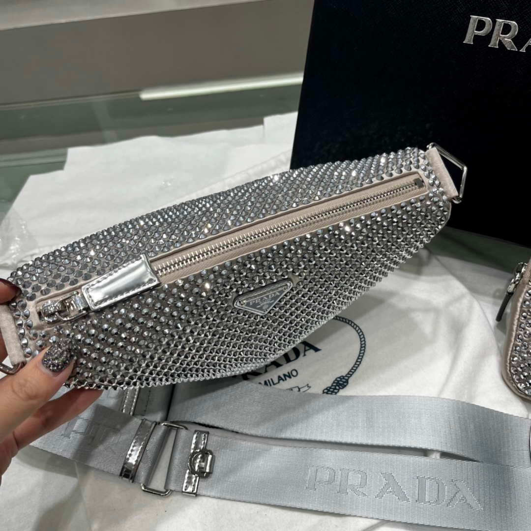 Prada 1NE190 Crystal-studded satin pouch Gray