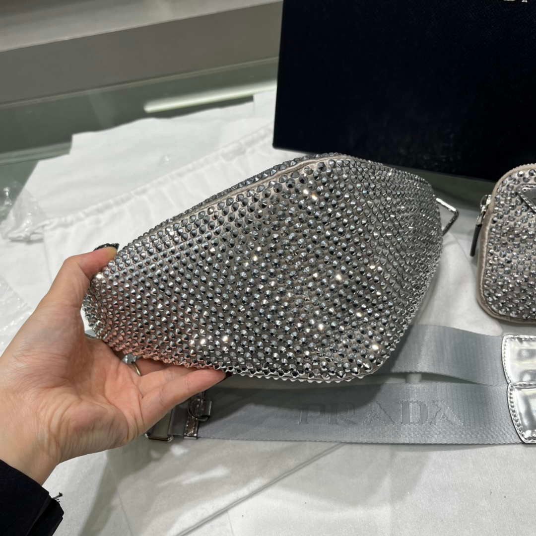 Prada 1NE190 Crystal-studded satin pouch Gray
