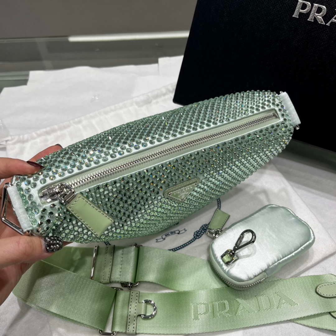 Prada 1NE190 Crystal-studded satin pouch Green