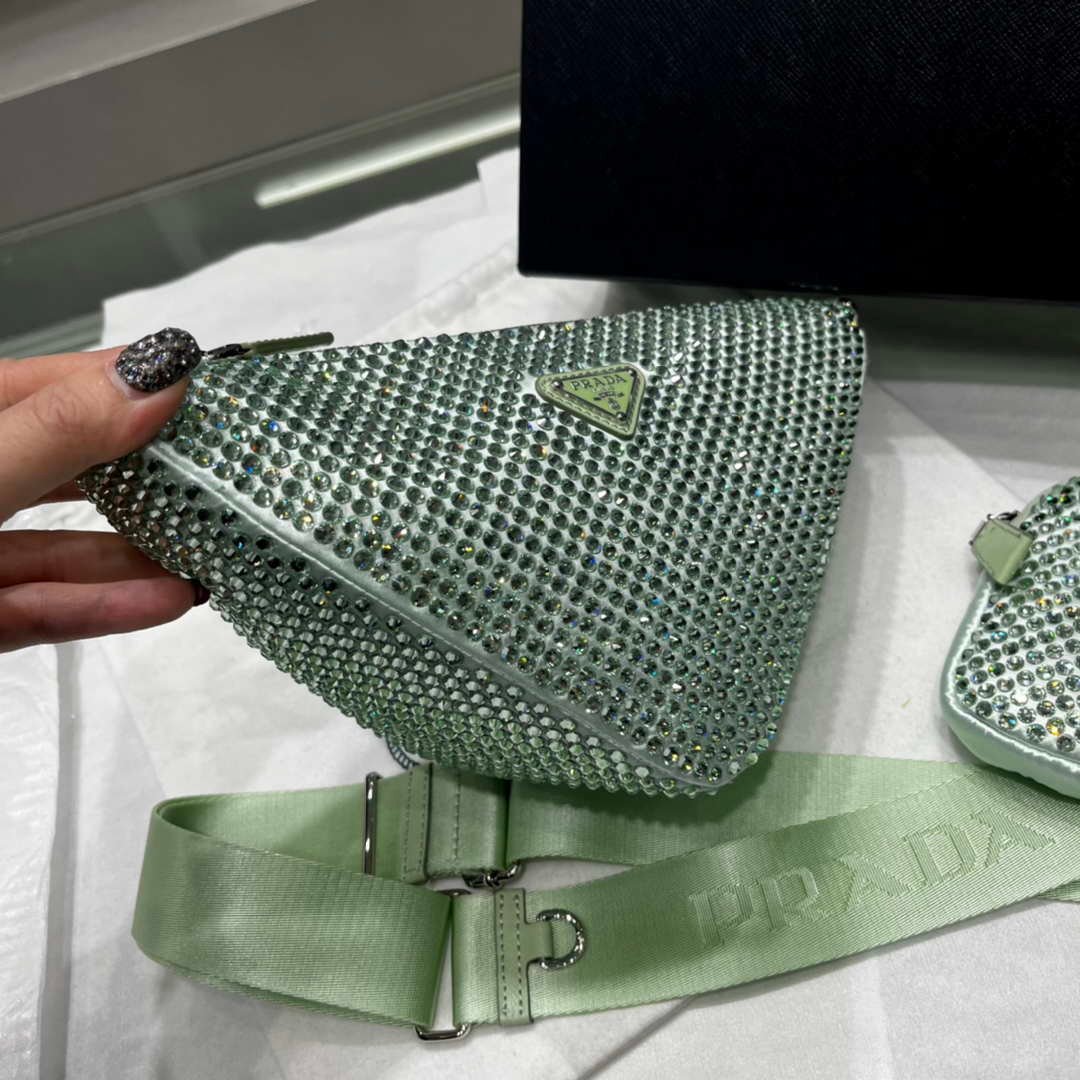 Prada 1NE190 Crystal-studded satin pouch Green