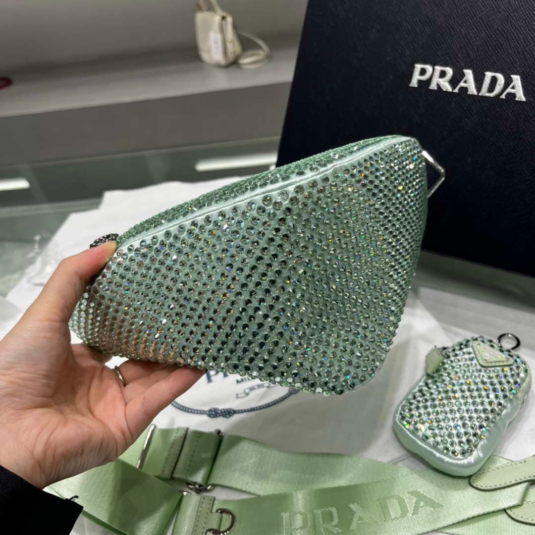 Prada 1NE190 Crystal-studded satin pouch Green
