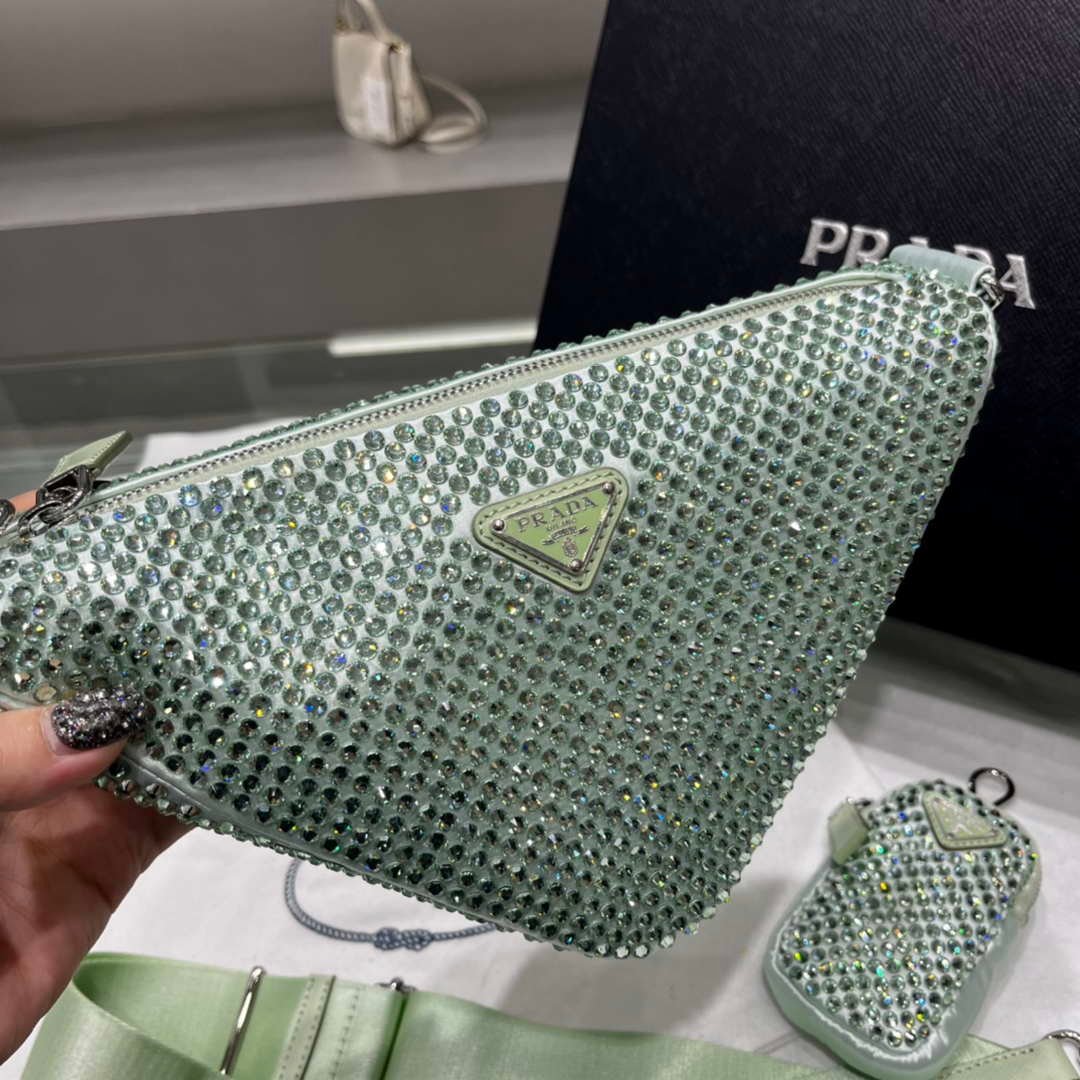 Prada 1NE190 Crystal-studded satin pouch Green