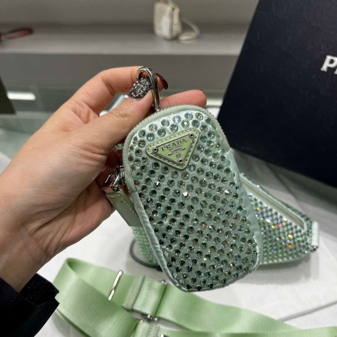Prada 1NE190 Crystal-studded satin pouch Green