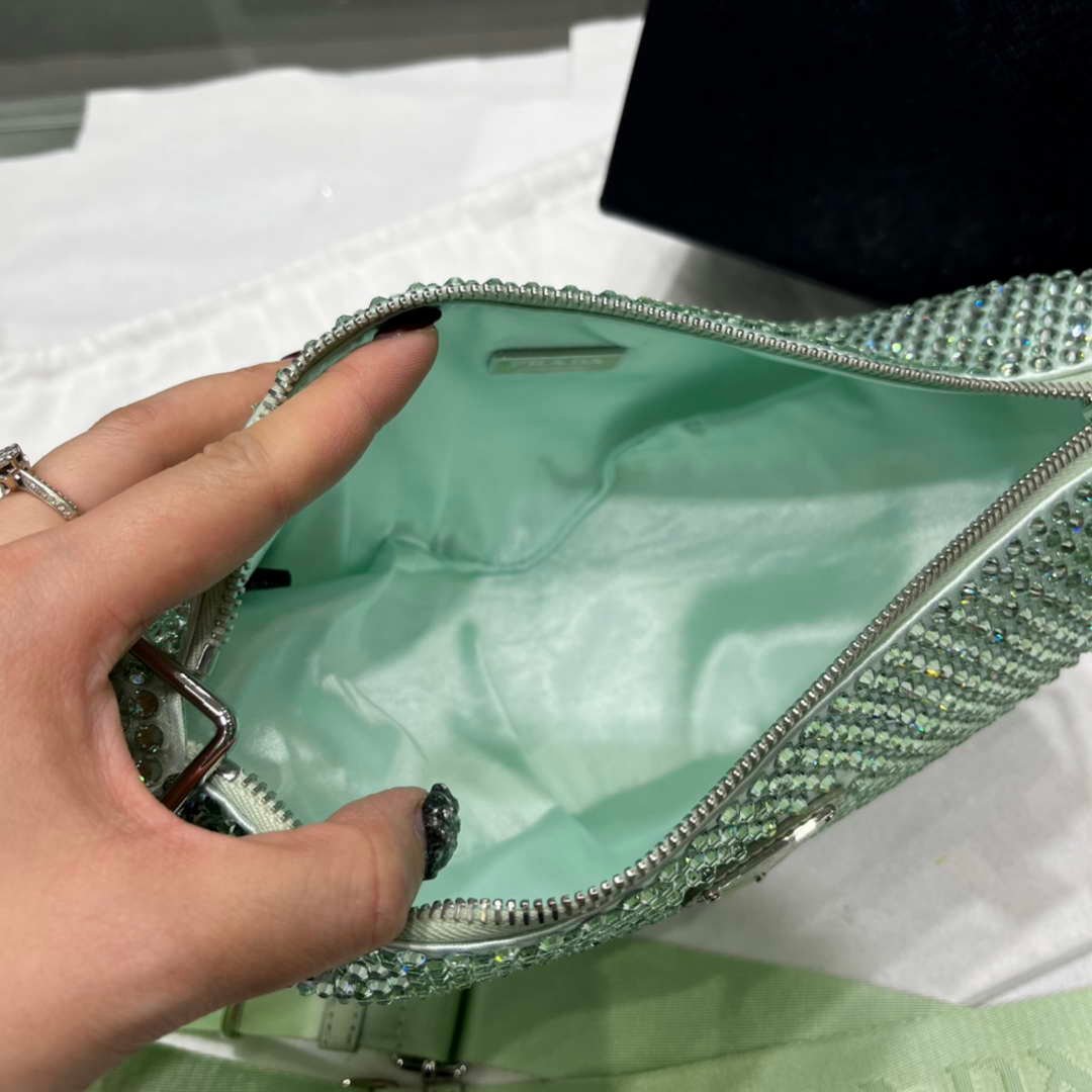Prada 1NE190 Crystal-studded satin pouch Green