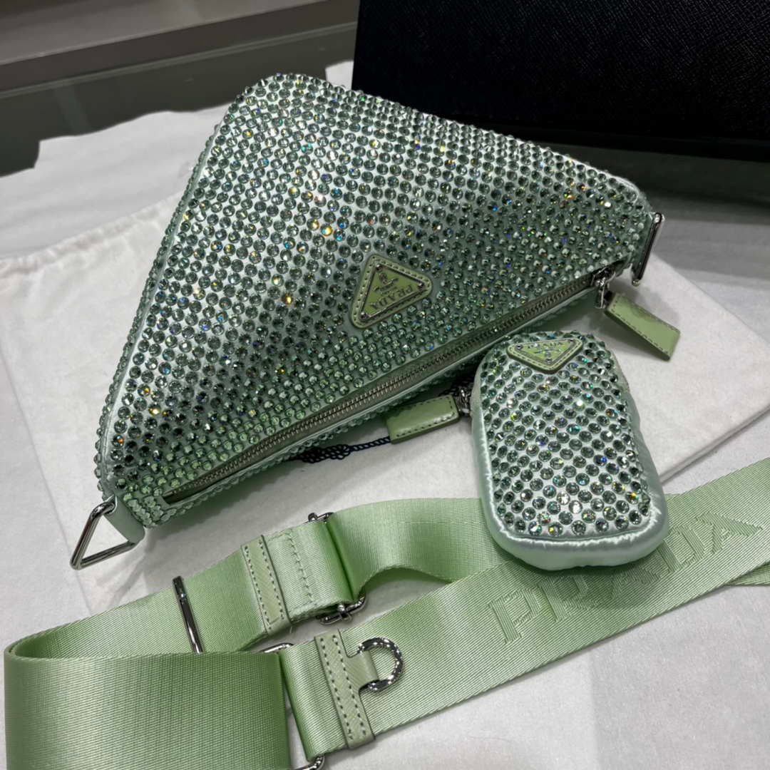 Prada 1NE190 Crystal-studded satin pouch Green