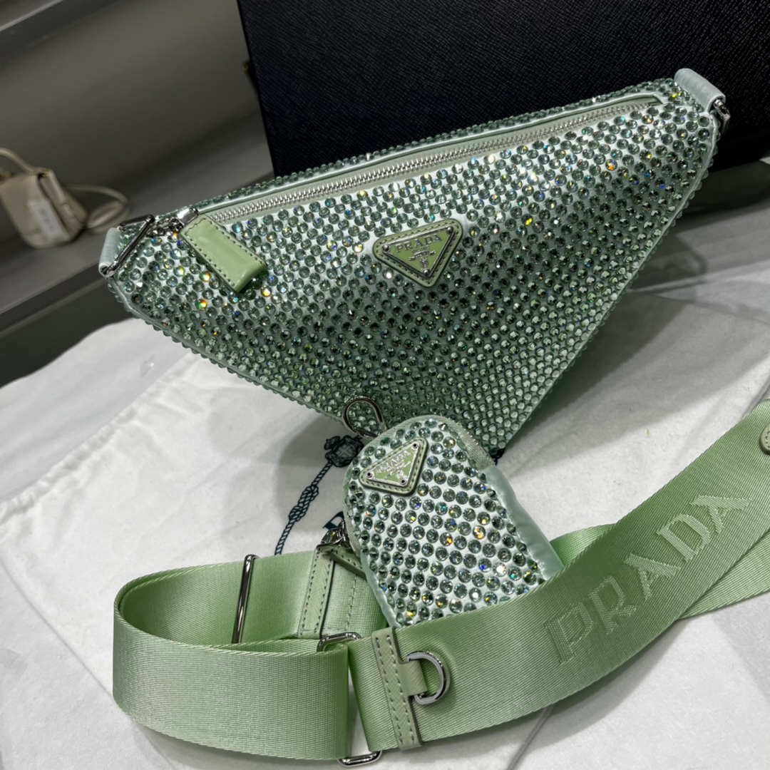 Prada 1NE190 Crystal-studded satin pouch Green