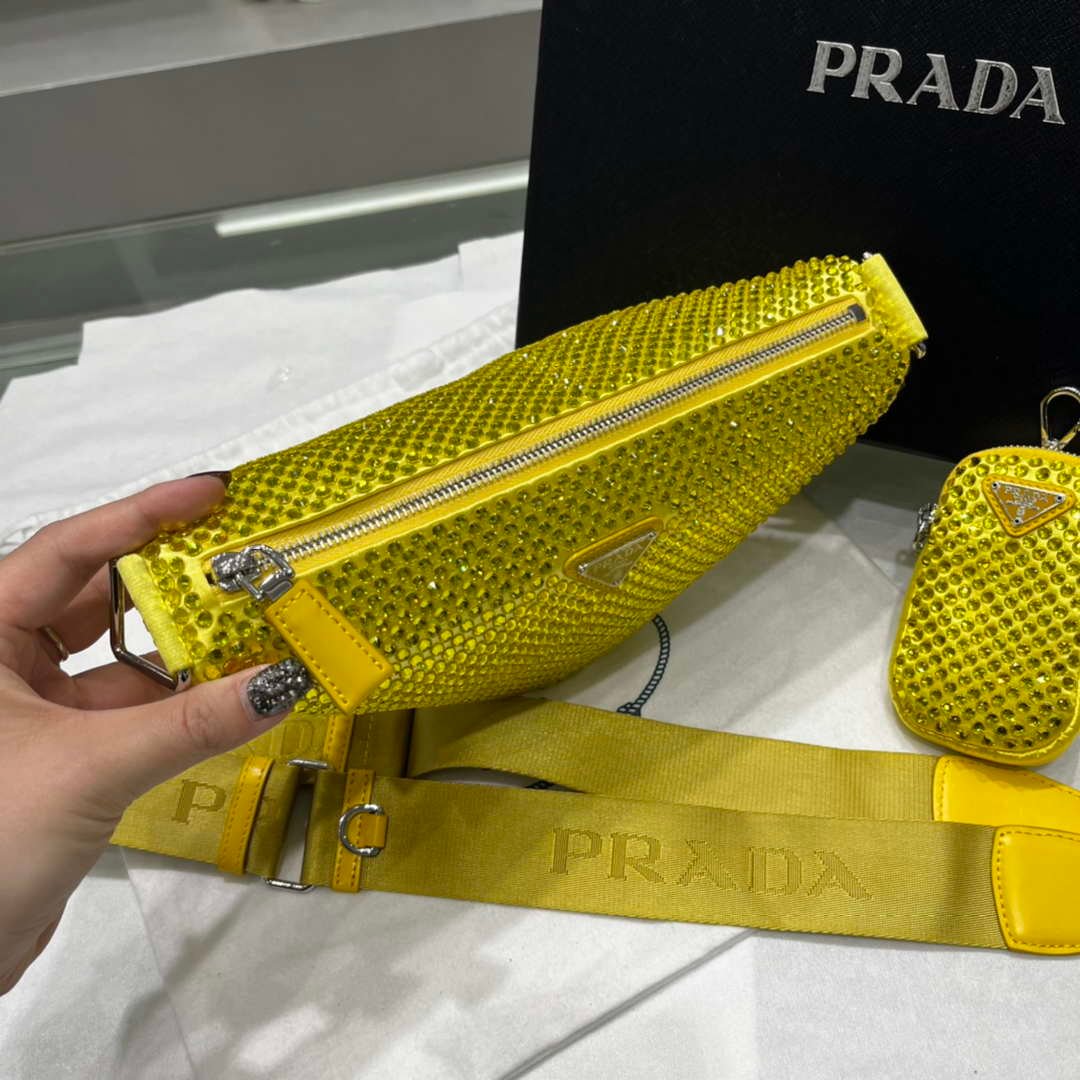 Prada 1NE190 Crystal-studded satin pouch Yellow