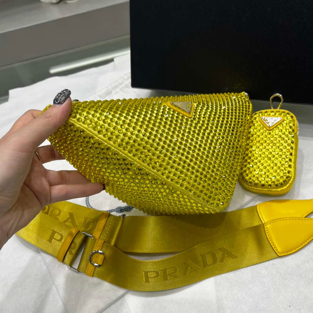 Prada 1NE190 Crystal-studded satin pouch Yellow