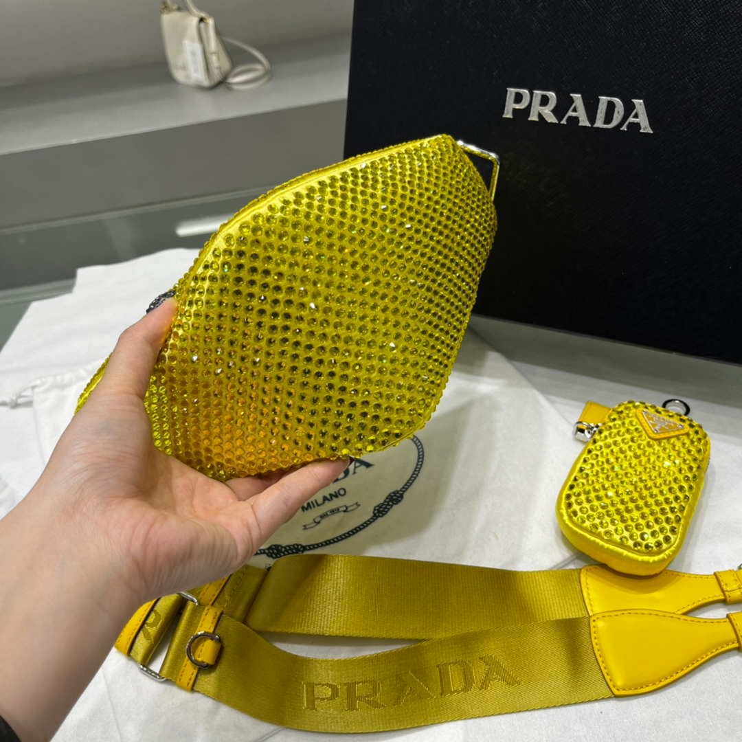 Prada 1NE190 Crystal-studded satin pouch Yellow