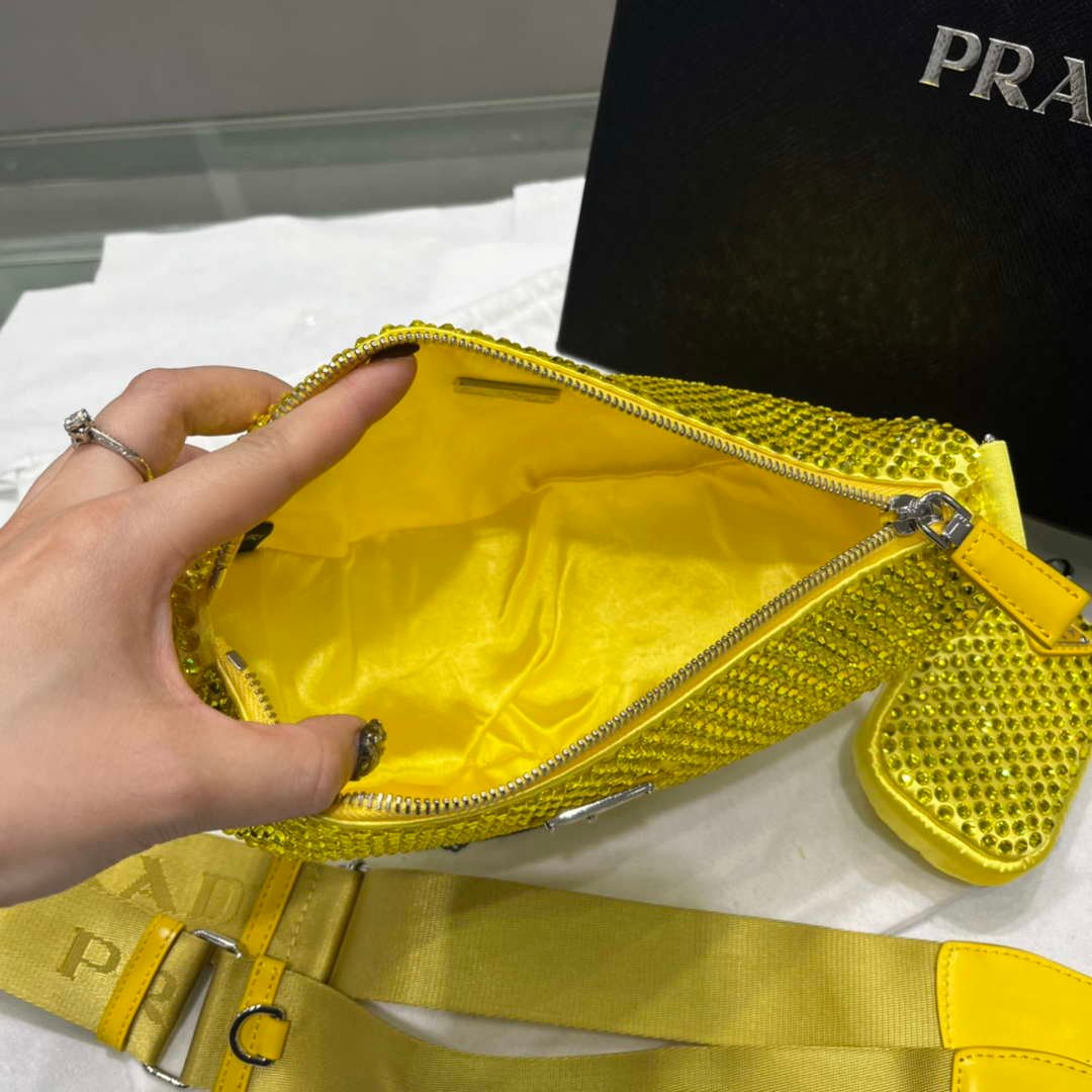 Prada 1NE190 Crystal-studded satin pouch Yellow