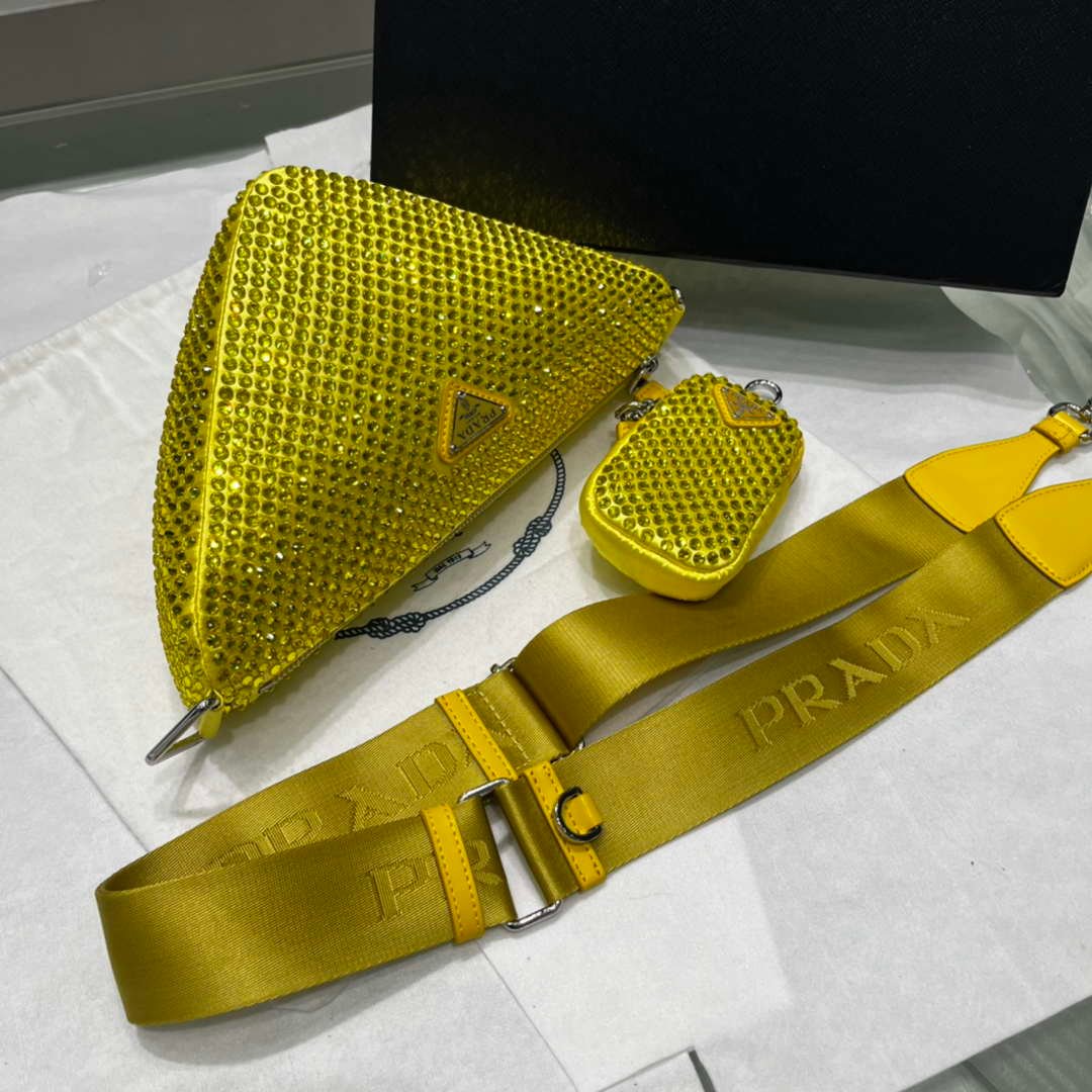 Prada 1NE190 Crystal-studded satin pouch Yellow
