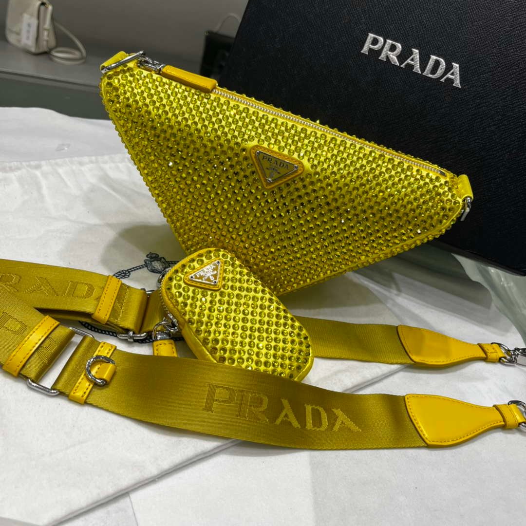 Prada 1NE190 Crystal-studded satin pouch Yellow