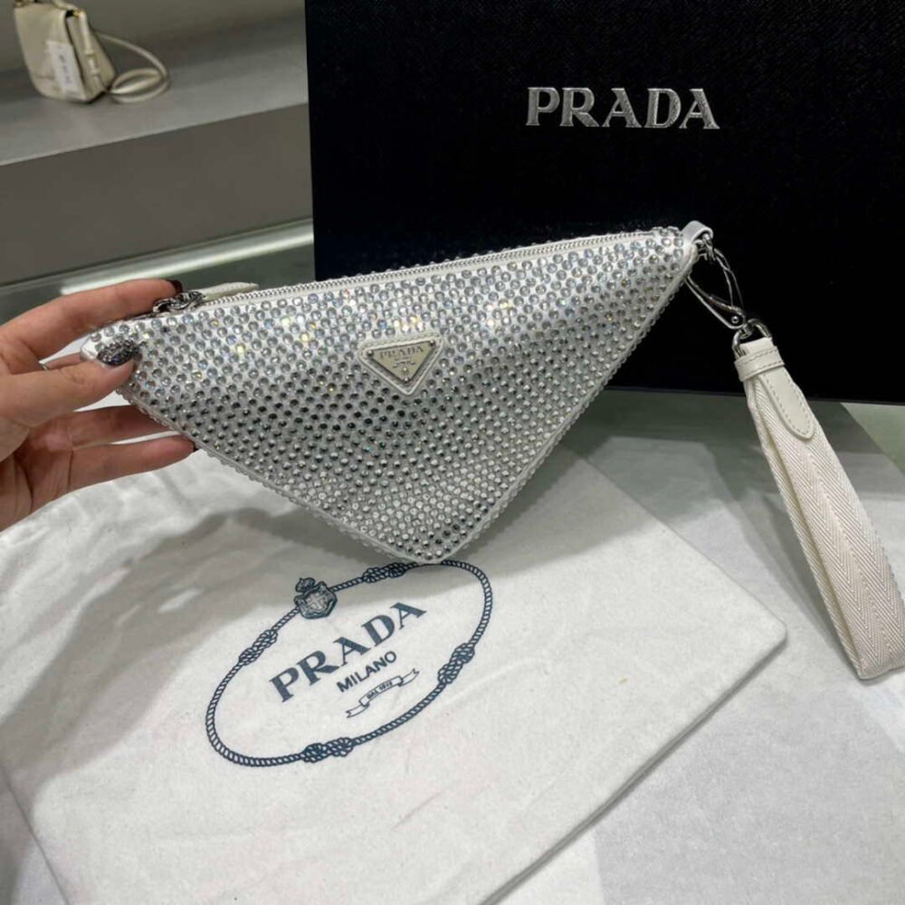 Prada 1NE039 Crystal-studded satin pouch White