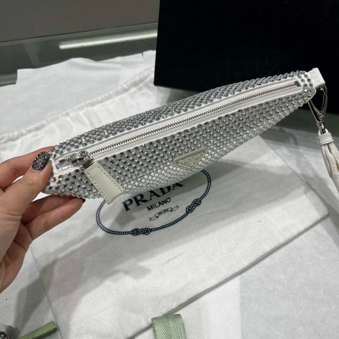 Prada 1NE039 Crystal-studded satin pouch White