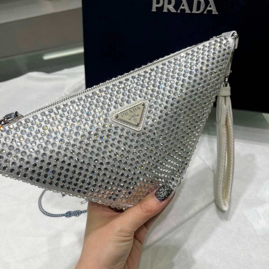 Prada 1NE039 Crystal-studded satin pouch White