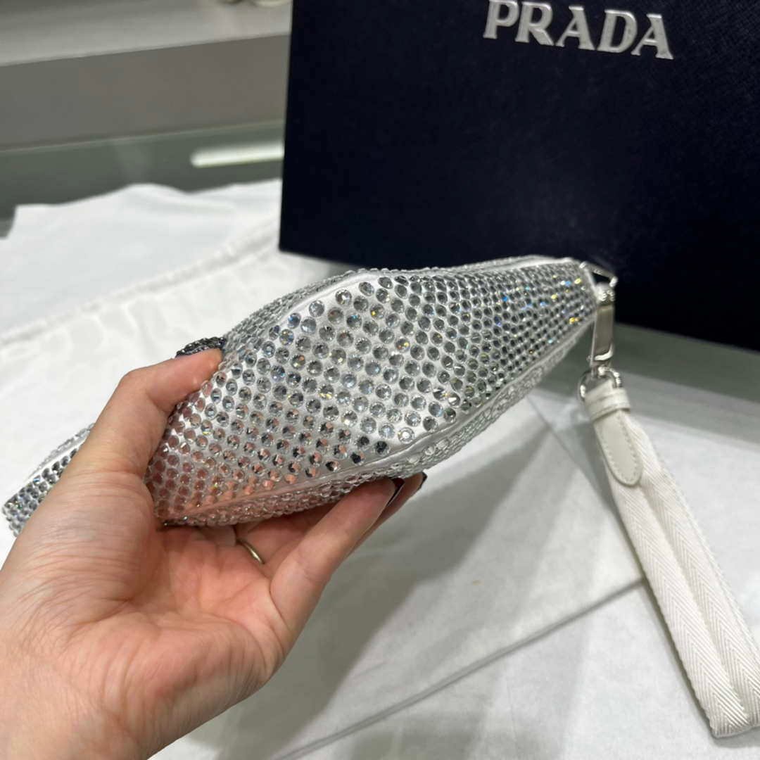 Prada 1NE039 Crystal-studded satin pouch White