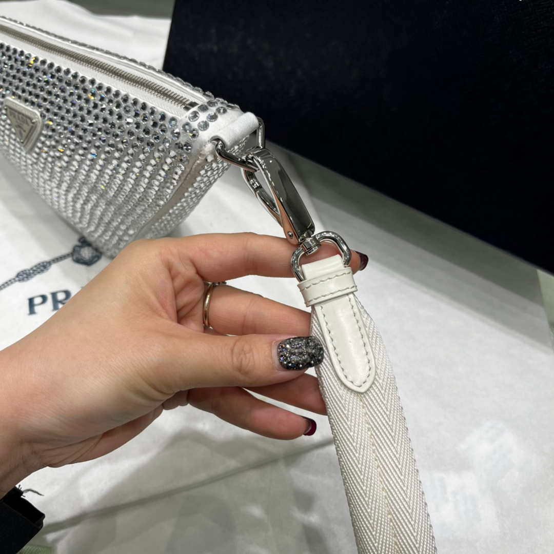 Prada 1NE039 Crystal-studded satin pouch White
