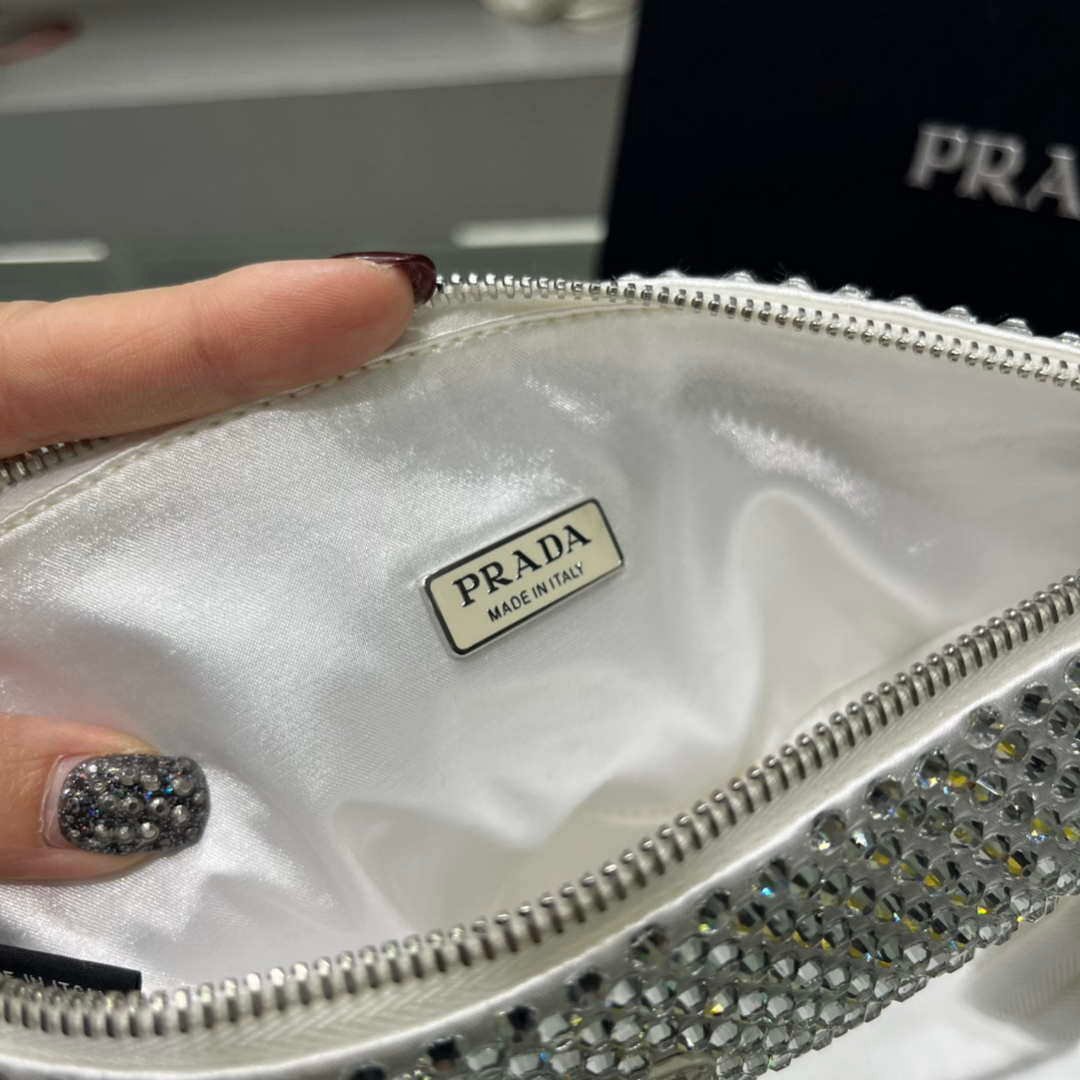 Prada 1NE039 Crystal-studded satin pouch White