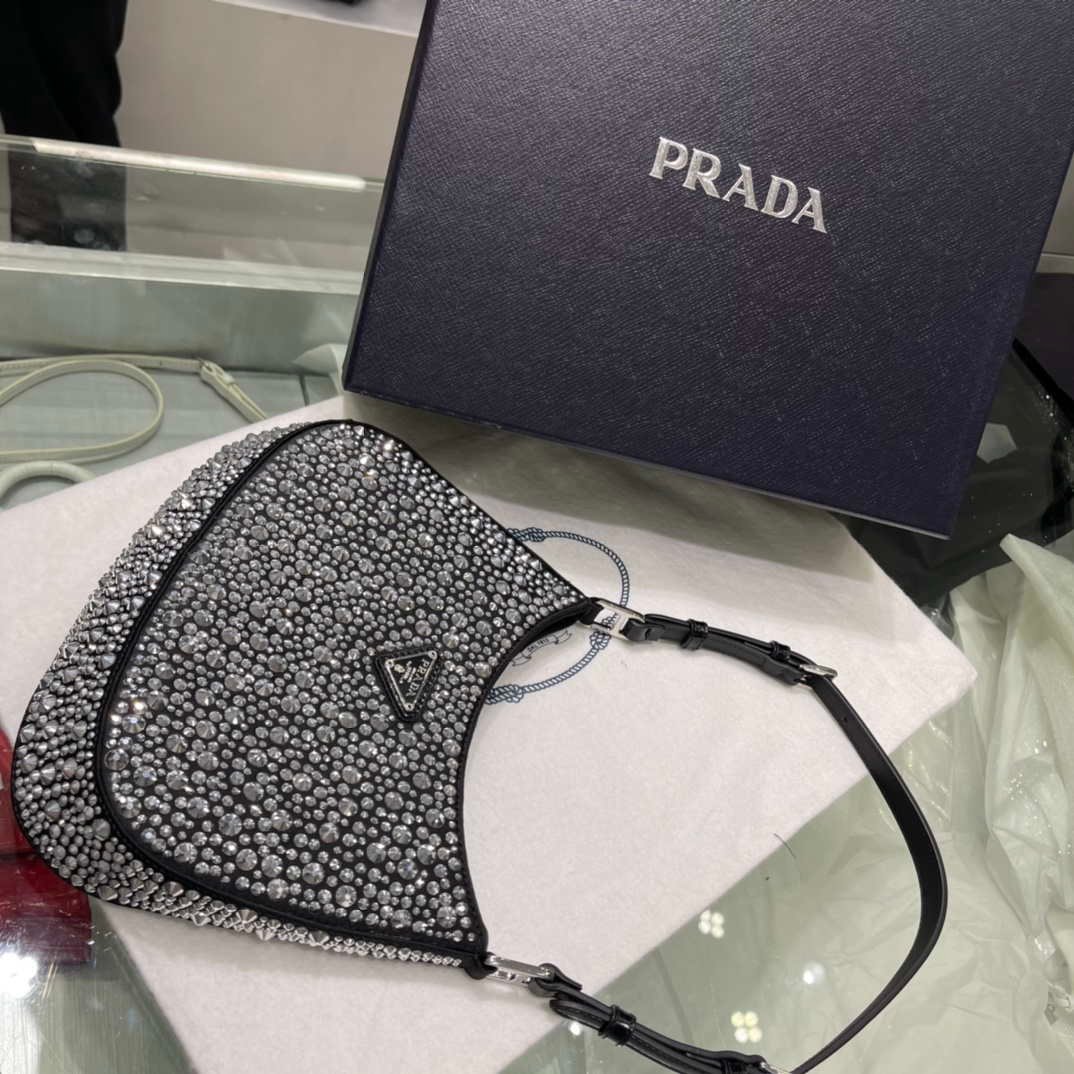 Prada 1BC169 Prada Cleo satin bag with appliqués Black