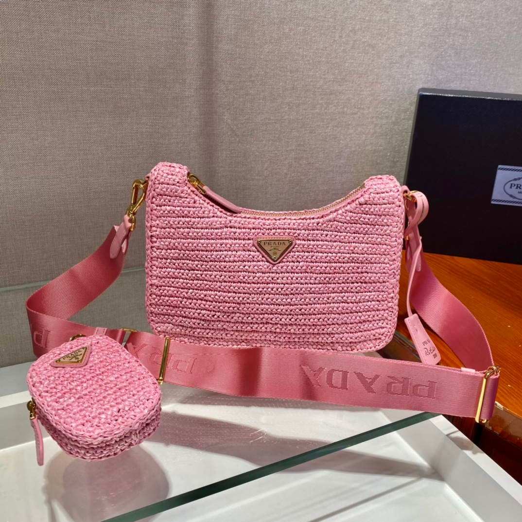 Prada 1BH204 Prada Re-Edition 2005 Raffia Bag in Pink