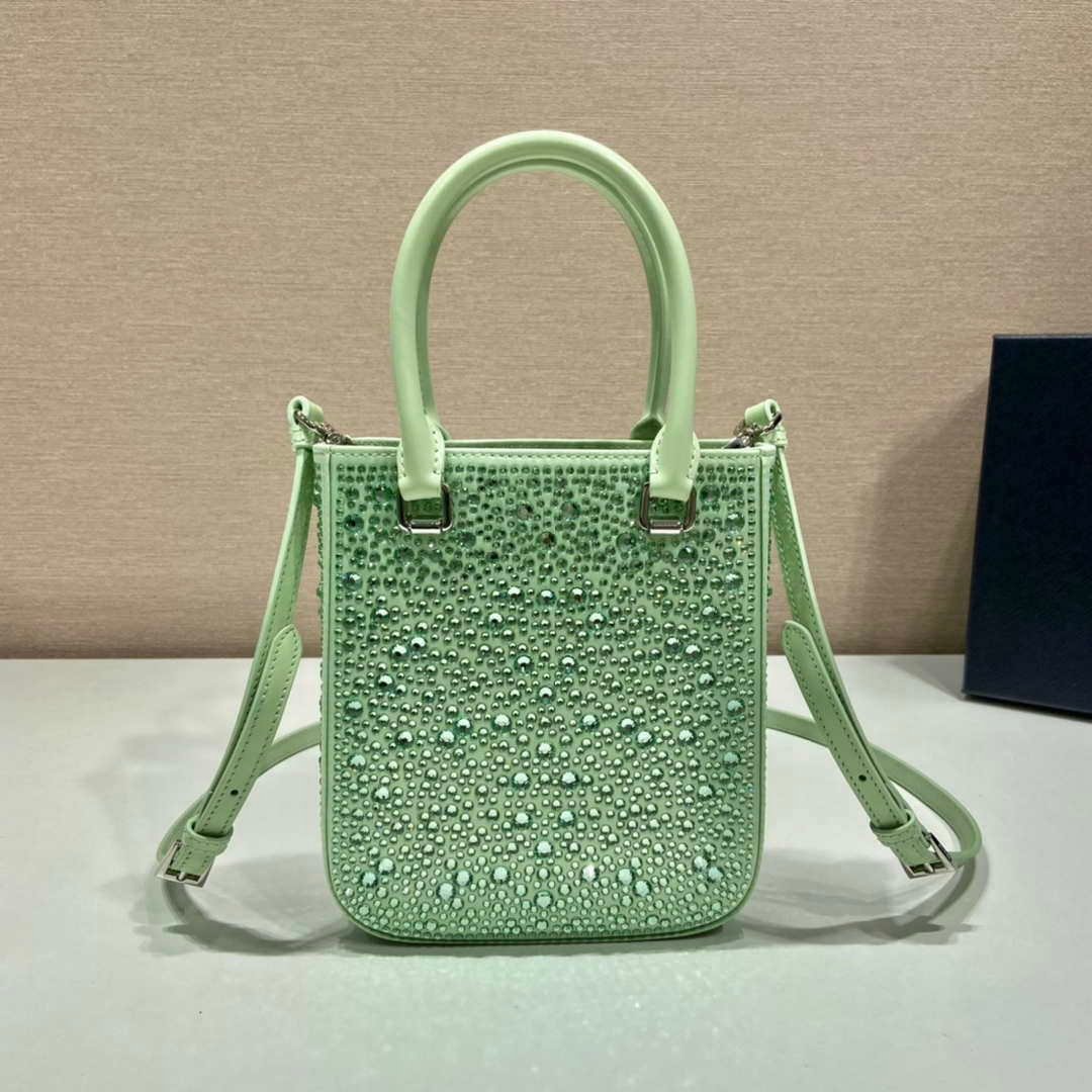 Replica Prada 1BA331 Small satin tote bag with crystals Green