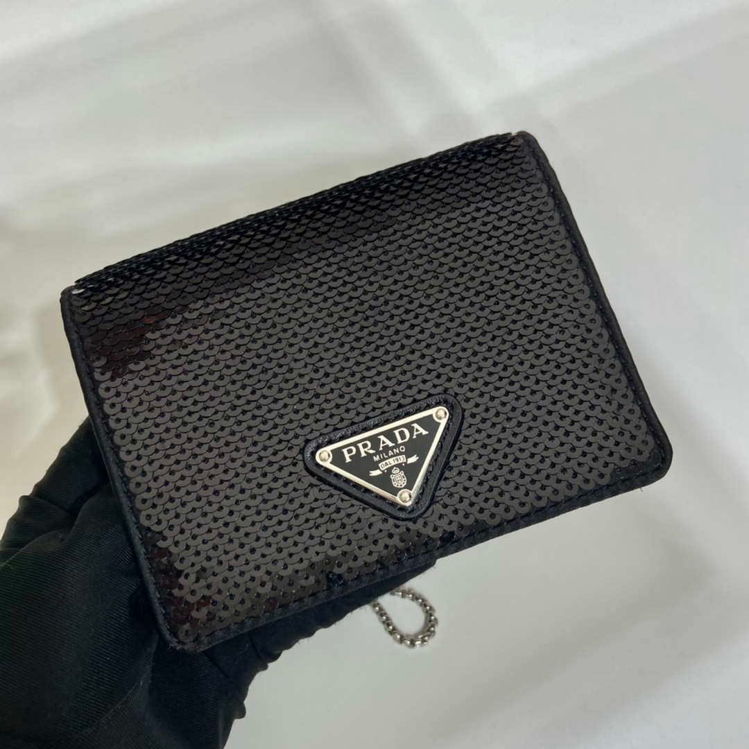 Replica Prada sequins-studded card holder with shoulder strap 1MR024 Black