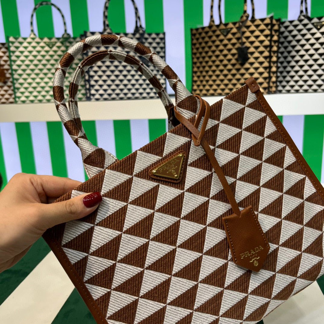 Replica Prada 1BA354 Small Prada Symbole jacquard fabric handbag Tan White