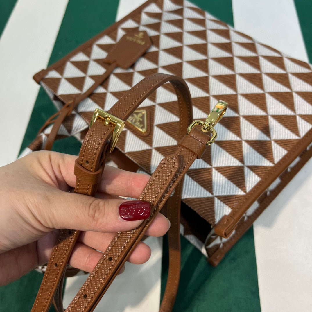 Replica Prada 1BA354 Small Prada Symbole jacquard fabric handbag Tan White