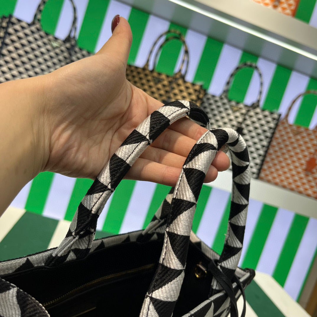 Replica Prada 1BA354 Small Prada Symbole jacquard fabric handbag Black White