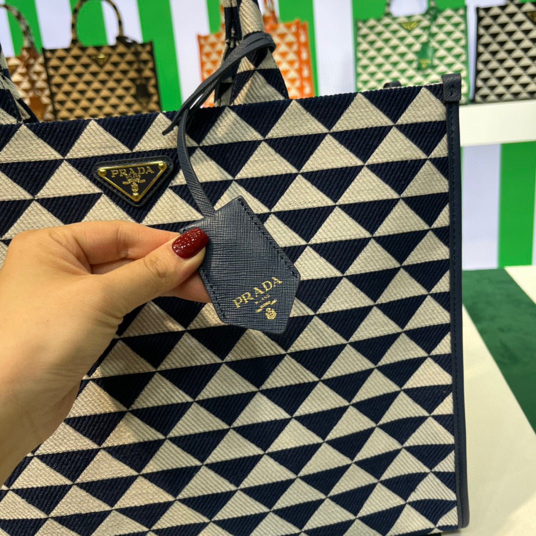Replica Prada 1BA356 Large Prada Symbole Jacquard Fabric Handbag Blue White