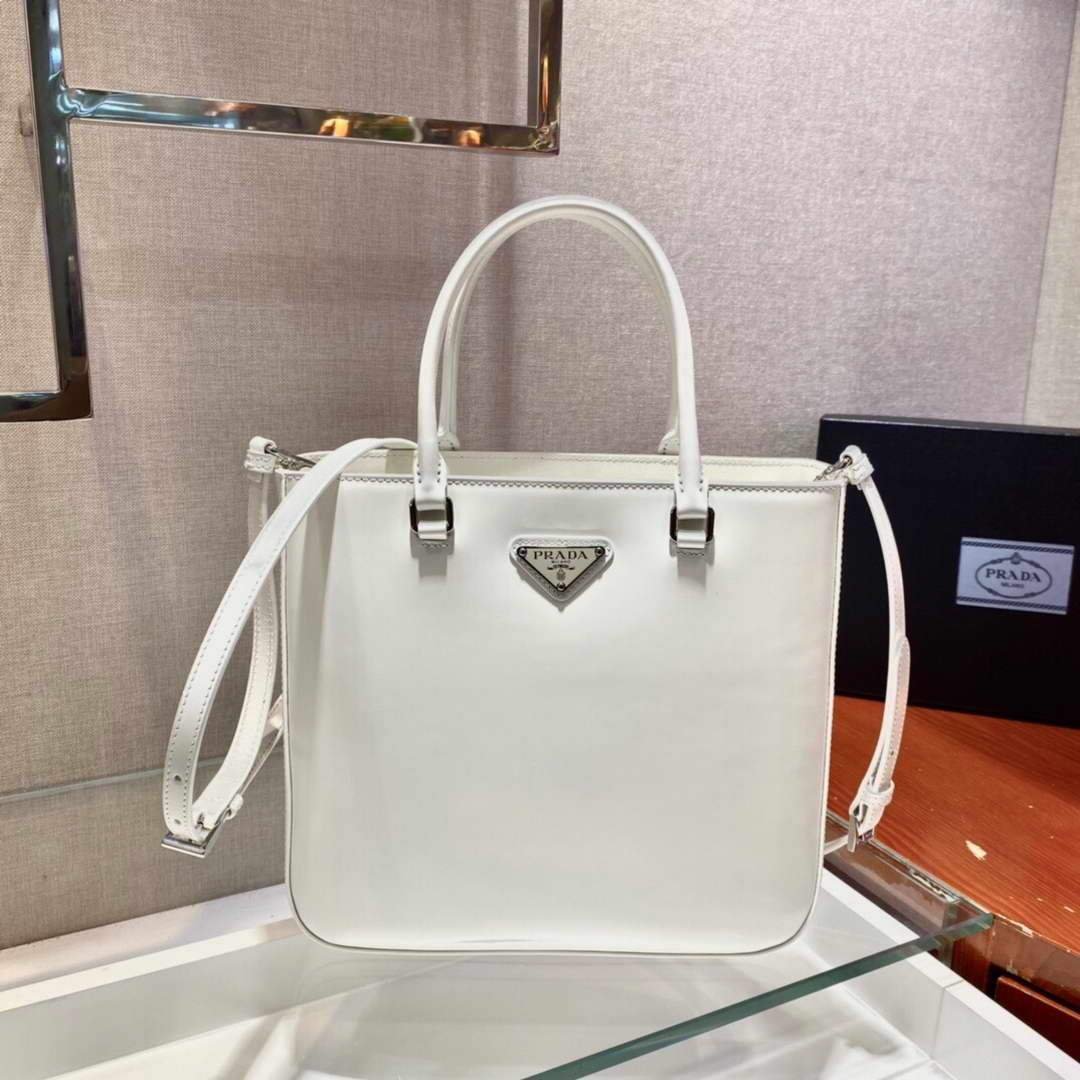 Prada 1BA330 Brushed Leather Tote Bag White