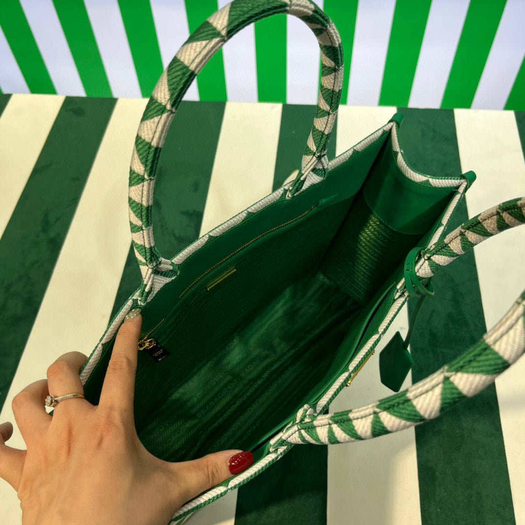 Replica Prada 1BA356 Large Prada Symbole Jacquard Fabric Handbag Green White
