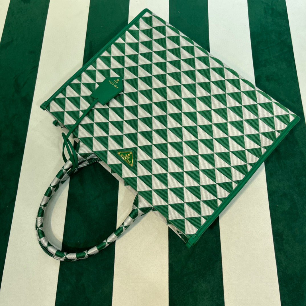 Replica Prada 1BA356 Large Prada Symbole Jacquard Fabric Handbag Green White