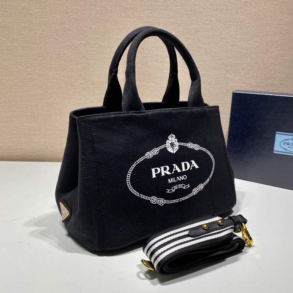 Replica Prada 1BG439 Denim Tote bag Black and white