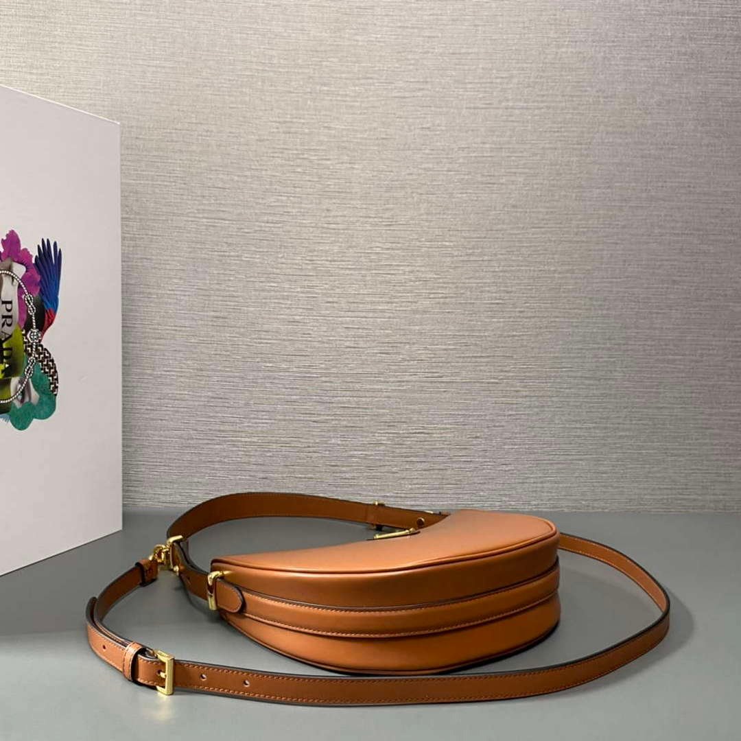 Prada 1BC194 Prada Arqué Leather Shoulder Bag Cognac