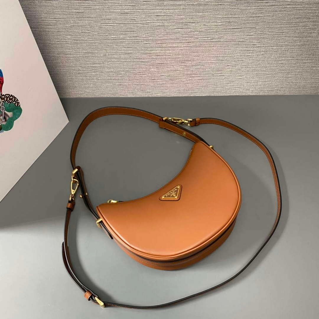 Prada 1BC194 Prada Arqué Leather Shoulder Bag Cognac