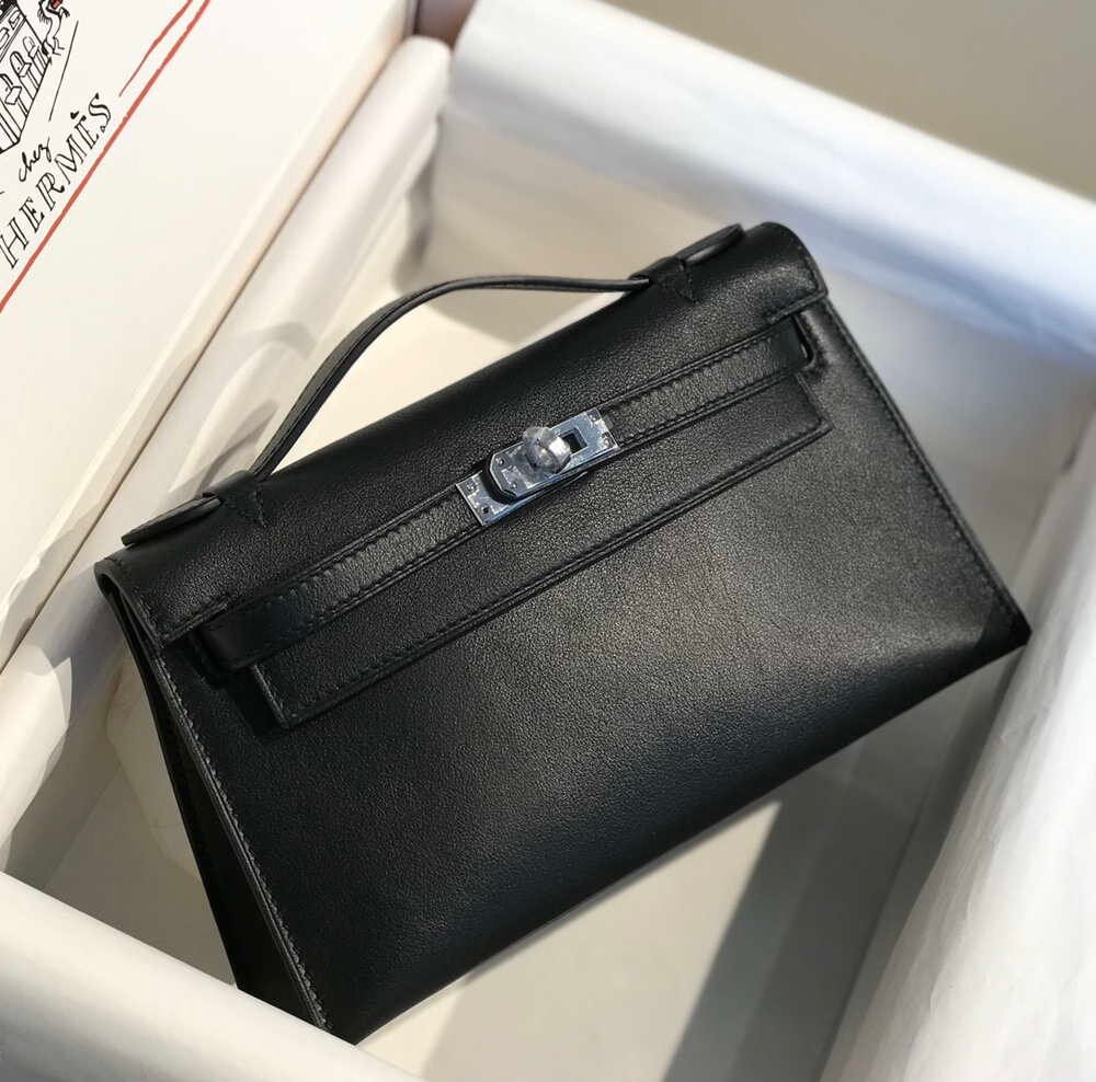 Hermes Kelly Pouchette Swift Leather clutch bag Silver H230258