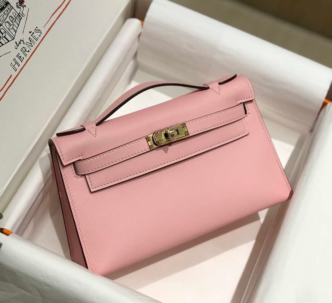 Replica Hermes Kelly Pouchette Swift Leather clutch bag Gold H230251