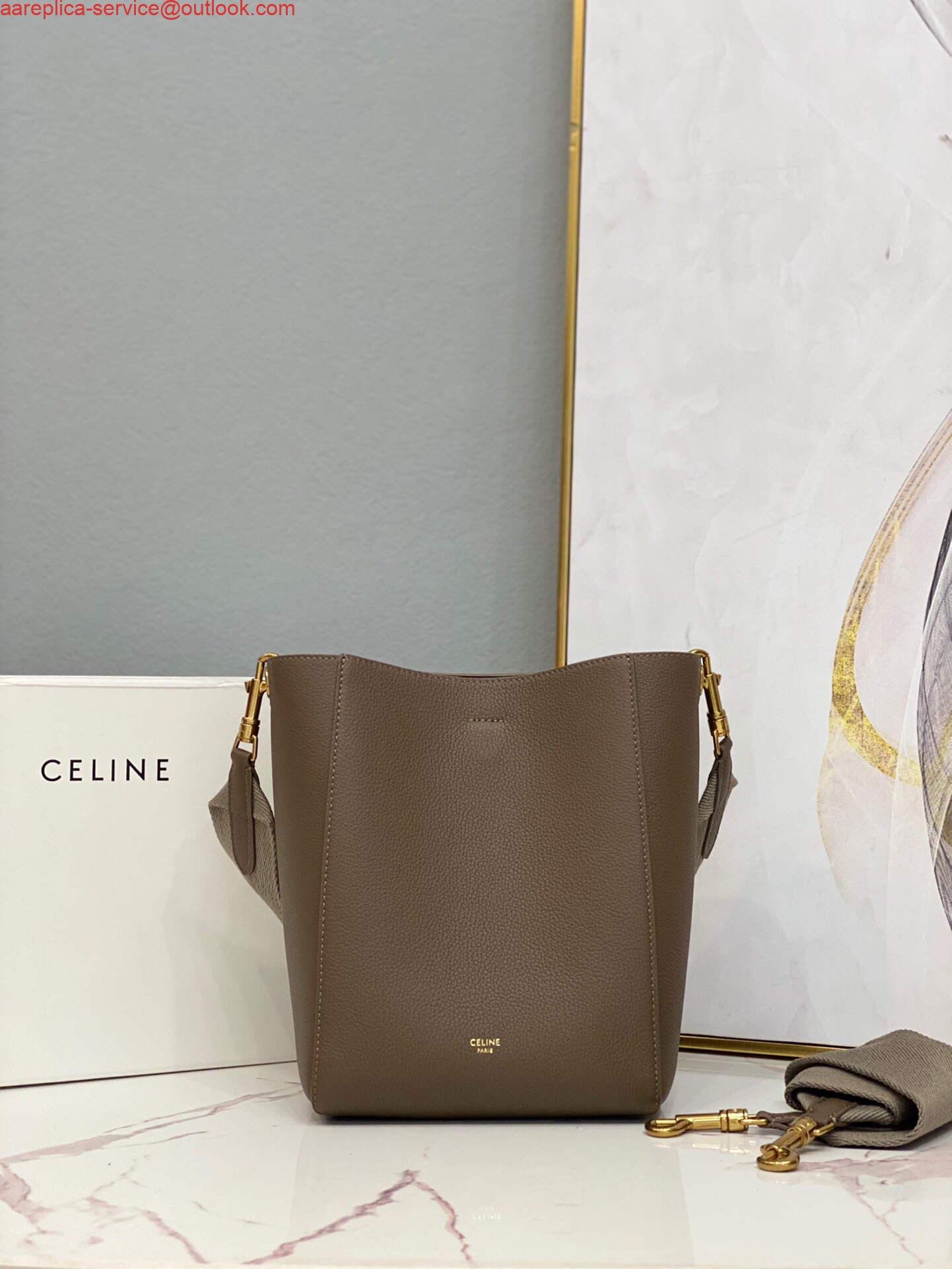 Celine 178303 Sangle Small Bucket Bag in Soft Grained Calfskin Brown