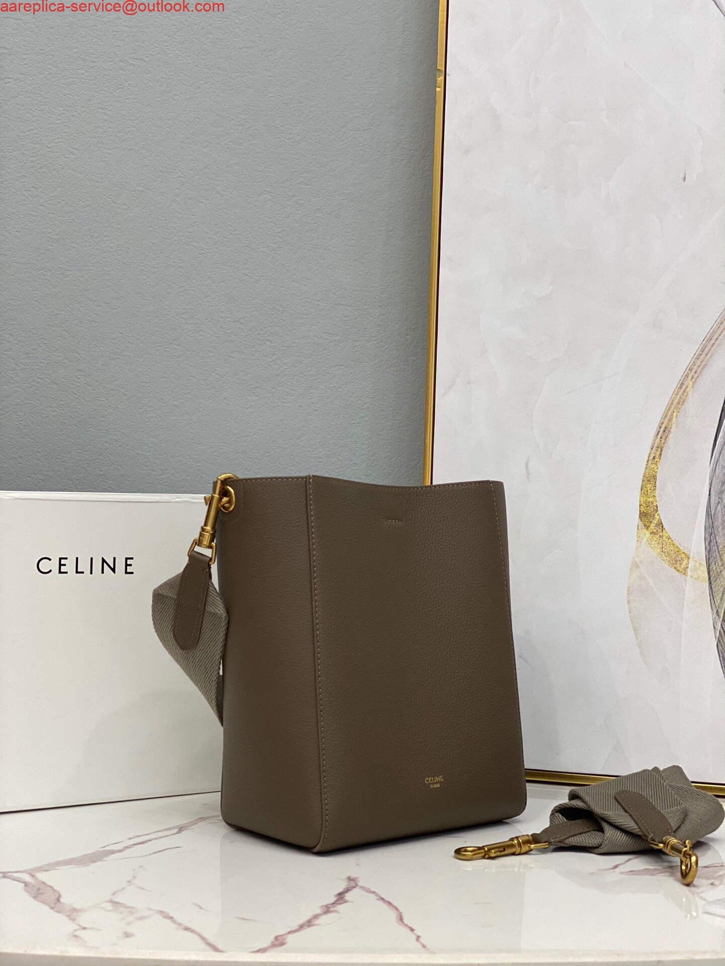 Celine 178303 Sangle Small Bucket Bag in Soft Grained Calfskin Brown