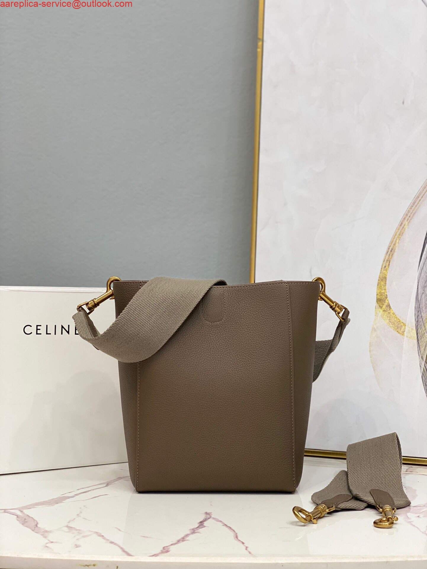 Celine 178303 Sangle Small Bucket Bag in Soft Grained Calfskin Brown